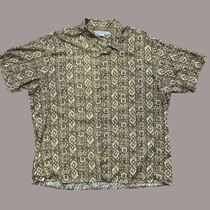 Feldini Vintage 90s Casual Brown Tan Tribal AOP Rayon Button Front Shirt 2XL